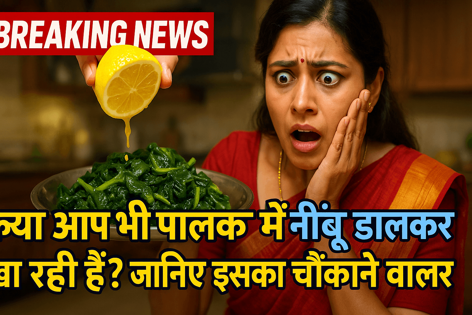 Indian woman shocked after seeing lemon juice squeezed on cooked spinach, with Breaking News alert in traditional kitchen setting.